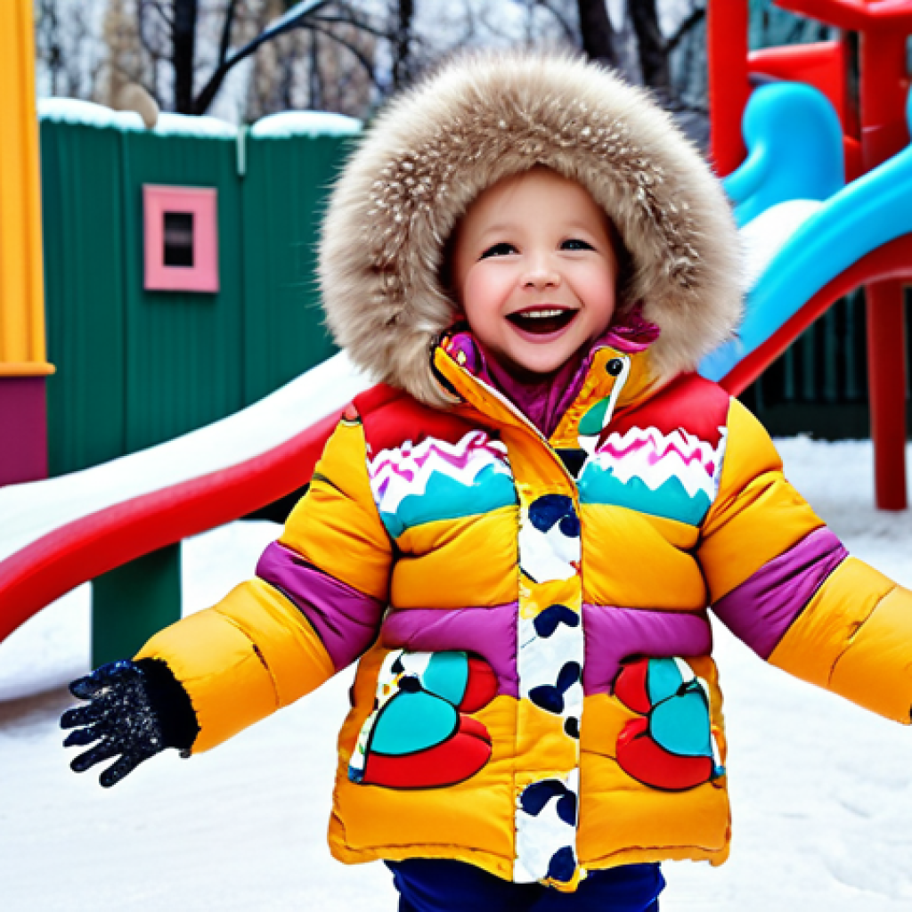 **A child playing joyfully in the snow, wearing a bright, stylish down jacket with colorful prints and fur trim on the hood. The scene captures the essence of a fun, fashionable winter look for kids, emphasizing comfort and freedom of movement. The background features a snowy playground in Moscow.**