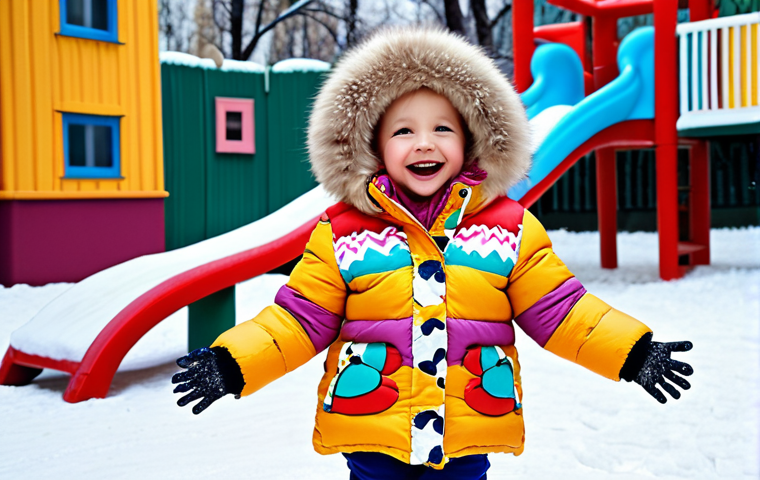 **A child playing joyfully in the snow, wearing a bright, stylish down jacket with colorful prints and fur trim on the hood. The scene captures the essence of a fun, fashionable winter look for kids, emphasizing comfort and freedom of movement. The background features a snowy playground in Moscow.**