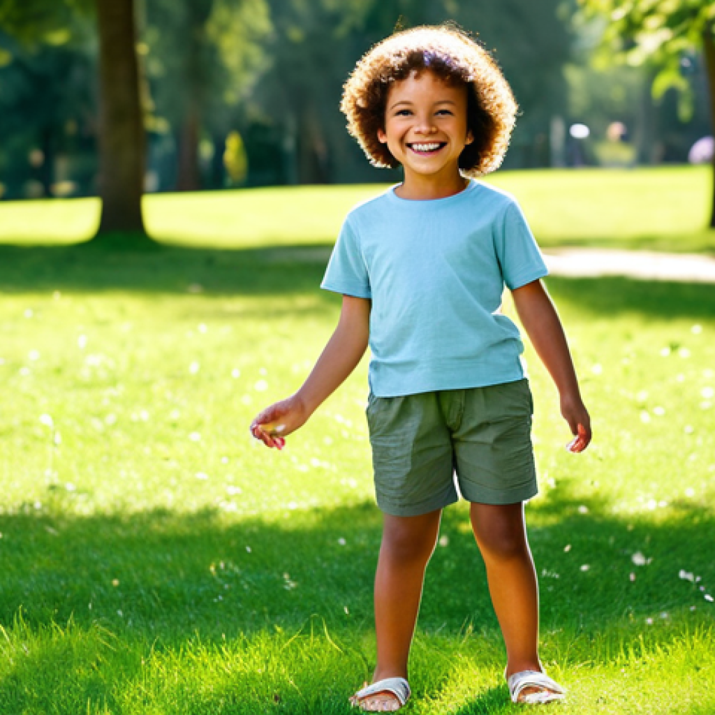 A joyful young child in a sunlit park, playing actively. The child is wearing a comfortable, modest t-shirt made of soft, breathable cotton, paired with loose-fitting, durable linen shorts. The clothing is fully clothed, appropriate attire, allowing for full freedom of movement. The background features lush green grass and distant trees, bathed in warm, natural light. This professional photograph highlights perfect anatomy, correct proportions, natural pose, well-formed hands, proper finger count, and natural body proportions. The image is safe for work, appropriate content, and family-friendly, presented in high quality.