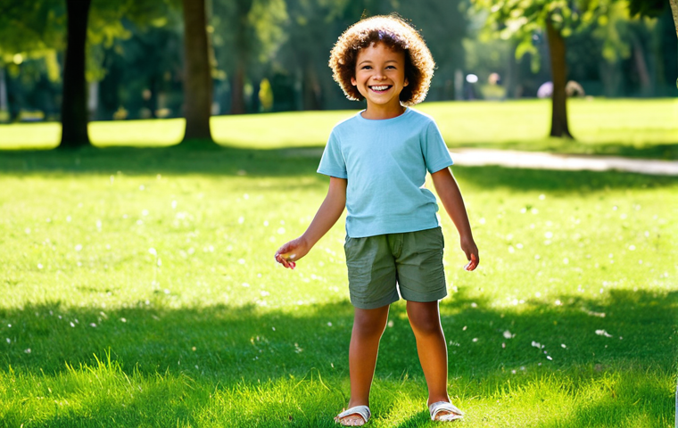 A joyful young child in a sunlit park, playing actively. The child is wearing a comfortable, modest t-shirt made of soft, breathable cotton, paired with loose-fitting, durable linen shorts. The clothing is fully clothed, appropriate attire, allowing for full freedom of movement. The background features lush green grass and distant trees, bathed in warm, natural light. This professional photograph highlights perfect anatomy, correct proportions, natural pose, well-formed hands, proper finger count, and natural body proportions. The image is safe for work, appropriate content, and family-friendly, presented in high quality.