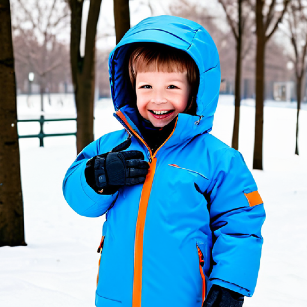 A joyful child, fully clothed in a vibrant, high-performance winter membrane suit with synthetic insulation, actively playing in a pristine snowy park. The modest clothing features a well-fitting hood, reflective elements, and reinforced knees, demonstrating modern outdoor wear technology. The child is in a natural pose, with perfect anatomy, correct proportions, well-formed hands, and proper finger count. The scene is captured with professional photography, showcasing a bright, crisp, high-resolution image with meticulous details. Appropriate content, safe for work, fully clothed, family-friendly, professional dress.
