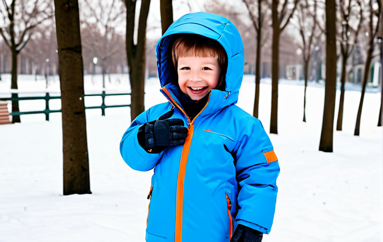 A joyful child, fully clothed in a vibrant, high-performance winter membrane suit with synthetic insulation, actively playing in a pristine snowy park. The modest clothing features a well-fitting hood, reflective elements, and reinforced knees, demonstrating modern outdoor wear technology. The child is in a natural pose, with perfect anatomy, correct proportions, well-formed hands, and proper finger count. The scene is captured with professional photography, showcasing a bright, crisp, high-resolution image with meticulous details. Appropriate content, safe for work, fully clothed, family-friendly, professional dress.