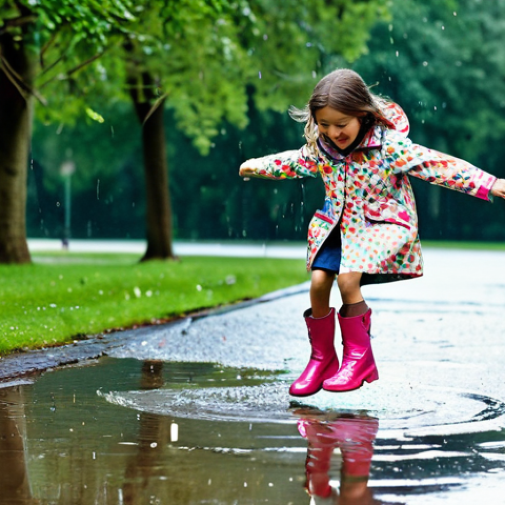 ** A young girl (8 years old), fully clothed in a bright, patterned raincoat and colorful boots, jumping in a large puddle in a park after a rain shower. Trees and greenery in the background. Safe for work, appropriate content, professional photography, perfect anatomy, natural proportions, family-friendly scene.
**