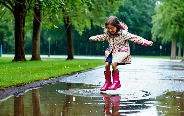 ** A young girl (8 years old), fully clothed in a bright, patterned raincoat and colorful boots, jumping in a large puddle in a park after a rain shower. Trees and greenery in the background. Safe for work, appropriate content, professional photography, perfect anatomy, natural proportions, family-friendly scene.
**