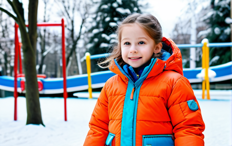 아이들을 위한 패딩 추천 - **
A young girl in a bright, colorful Reima winter jacket, fully clothed, playing in a snowy park. ...